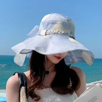 Простая модная шляпа от солнца, Элегантная темпераментная шляпа рыбака с бантом, Женская летняя шляпа для отдыха на море, дышащая шляпа от солнца с защитой от солнца