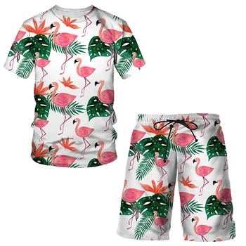 Пляжный мужской костюм в гавайском стиле, футболка с принтом фруктов Фламинго и ананаса + шорты, модный комплект спортивной одежды, спортивные костюмы