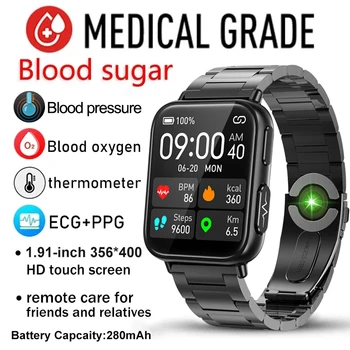 Безболезненные неинвазивные Смарт-часы для измерения уровня сахара в крови Мужские ЭКГ PPG Bluetooth-часы Здоровье кровяное давление Спортивные умные часы GlucometerWatch