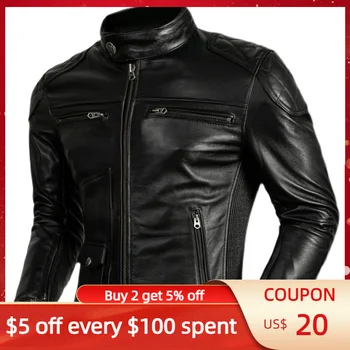 2022 Черная куртка из натуральной кожи, мужская куртка со стоячим воротником в мотоциклетном стиле, плюс Размер 5XL, натуральная воловья кожа, осеннее приталенное короткое пальто