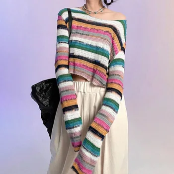 Женская одежда Y2k, футболки, Укороченный топ, Корейский модный пуловер в полоску с диагональным вырезом, Сексуальное пальто, Свободные Дешевые Оптовые новые
