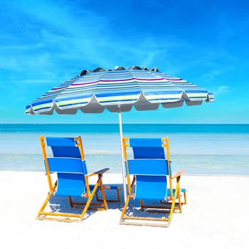 8-футовый портативный пляжный зонт с песчаным якорем и механизмом наклона Полосатые зонты Уличная мебель