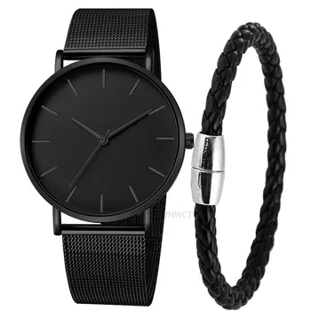 Хит продаж 2023, мужские ультратонкие магнитные часы, кварцевые, с тонкой стальной сеткой, водонепроницаемые, спортивные, черные