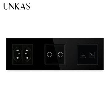 Бразильская розетка UNKAS DIY + Сенсорный выключатель + Компьютерная телефонная розетка Черный Стеклянный модуль Бесплатная комбинация