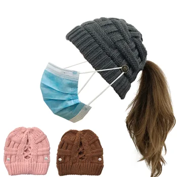 женские шапки, сохраняющие тепло, Зимняя бамбуковая вязаная шапка, маска на пуговицах, уличная теплая шерстяная шапка с хвощом