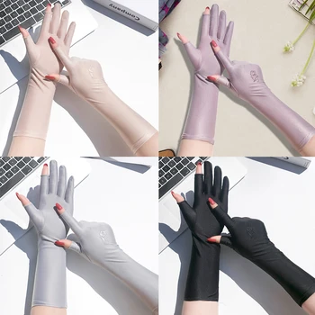 Летние Перчатки средней длины с защитой от ультрафиолета, эластичный дышащий солнцезащитный крем, перчатки с двумя пальцами, перчатки для вождения с сенсорным экраном Для женщин