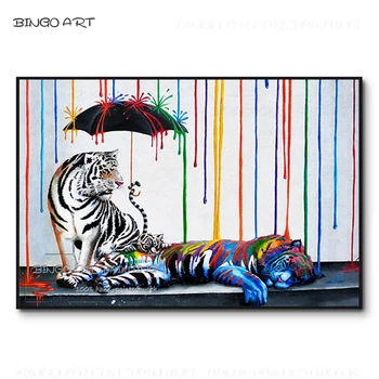 Настенная живопись в стиле Уличных тигров, капающие краски, Дождливая картина ручной работы, Уличная настенная живопись, 2 тигра, картина маслом для настенного искусства