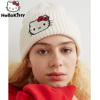 Sanrio Hello Kitty, зимние теплые модные вязаные шапки Y2k для девочек, корейский уличный стиль, мягкие шапки, женские винтажные осенние головные уборы, женские
