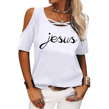 Женская Повседневная летняя футболка с принтом Иисуса с короткими рукавами и открытыми плечами, футболка для девочек 2022, Свободный топ, футболка