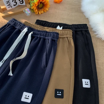 M-5XL!2023 Осенние Новые Мужские Повседневные брюки из вафельной ткани, однотонные вышитые спортивные брюки свободного кроя с завязками, винтажные брюки