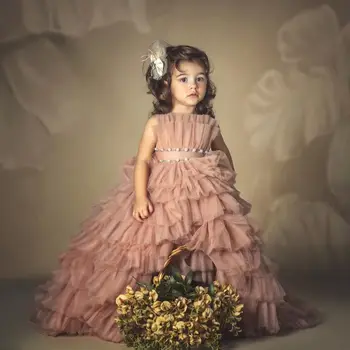 Пыльно-Розовые Тюлевые платья с цветочным узором для девочек, Многослойное Праздничное платье с оборками и Жемчугом, Милое платье для Первого Причастия
