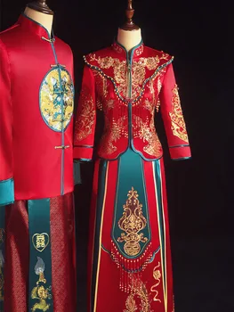 Элегантное Свадебное Платье Невесты с Вышивкой Дракона и Феникса, Традиционный китайский Свадебный костюм для Пары Чонсам китайская одежда