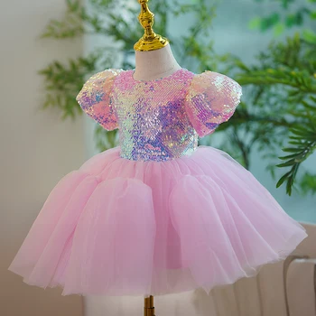 Детское роскошное праздничное платье на день рождения для девочек с цветочным узором, короткие вечерние платья из блесток и тюля, детские розовые милые нарядные платья принцессы