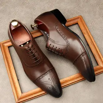 Мужская Деловая обувь Оксфорд Дерби из натуральной кожи с острым носком, Модная обувь на шнуровке Высокого Качества, Офисная Свадебная официальная обувь с открытым носком