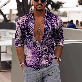 Модные леопардовые мужские рубашки, топы, Сапфирово-фиолетовый, серый, Повседневный, Весенне-летний, Высококачественный Материал, Большие Размеры