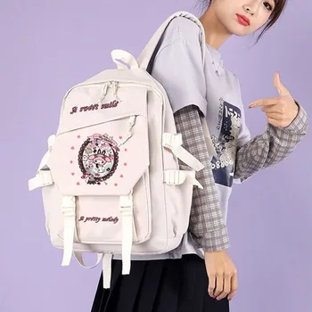 Sanrio Kuromi Kawaii Школьный рюкзак My Melody Girls с Мультяшным Блокнотом для путешествий, Рюкзаки, Легкая сумка через плечо, Унисекс для младших классов
