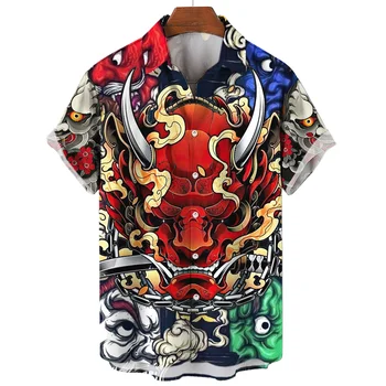 Горячая распродажа 2023, Мужская рубашка с маской Японского Призрака Самурая, мужская одежда с 3D принтом, Свободная Рубашка оверсайз, Повседневный топ, Гавайские рубашки