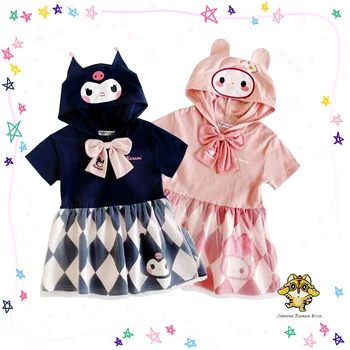 Sanrio/ Платье с капюшоном, My Melody Kuromi Kawaii, Сетчатая юбка принцессы с героями мультфильмов для девочек, повседневная одежда с коротким рукавом, подарок для детей