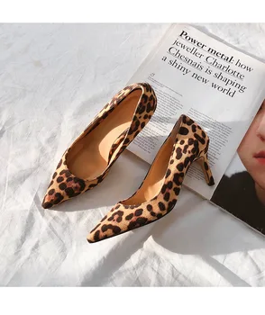 2023, Пикантная элегантная женская модная обувь с леопардовым принтом, Женские удобные офисные туфли-лодочки на высоком каблуке с острым носком