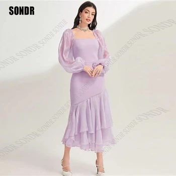 SONDR Светло-Фиолетовые Короткие Шифоновые платья для выпускного вечера, Саудовская Аравия, Платья для особых случаев, длинные рукава, Круглый Вырез, Вечернее платье