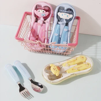 Kawaii Sanrio Cinnamoroll Детская Мультяшная посуда Милый Аниме My Melody Нежный Набор столовых приборов с вилкой и ложкой из нержавеющей стали