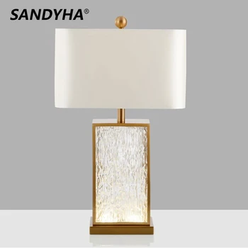 SANDYHA Современная минималистичная Роскошная настольная лампа из гофрированного стекла в золотой раме, Прикроватная светодиодная настольная лампа для спальни, кабинета, домашнего декора