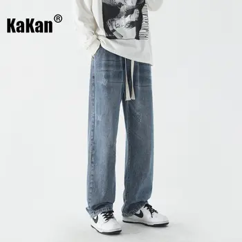 Джинсы Kakan с эластичным поясом на шнурке, мужские Повседневные Синие Длинные джинсы в стиле Ретро Хай Стрит K24-JFS507