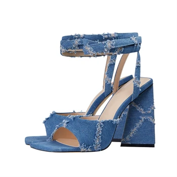 Женские Летние Синие Джинсовые Босоножки на блочном каблуке, Джинсовая ткань в стиле пэчворк, Туфли на высоком каблуке с ремешком на щиколотке, модные женские туфли-лодочки для банкета