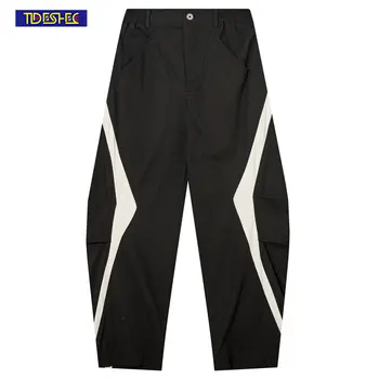 Уличная одежда Унисекс в стиле хип-хоп, Свободные брюки контрастного цвета, Мужские Летние Винтажные повседневные брюки с прямыми штанинами, широкие брюки
