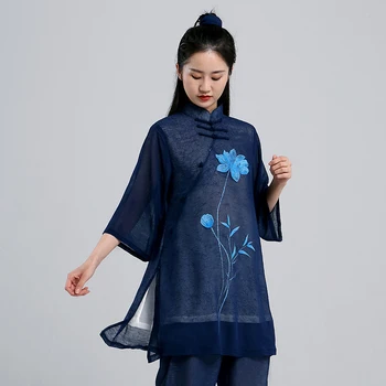 Одежда для Тайцзицюань, Женская одежда для ушу, Одежда для соревнований по кунг-фу, униформа для боевых искусств, без морщин, ручная роспись 2022, темно-синий