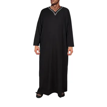 Мужские Однотонные халаты в Саудовском стиле Jubba Thobe Man, Винтажная Мусульманская арабская одежда с коротким рукавом и V-образным вырезом