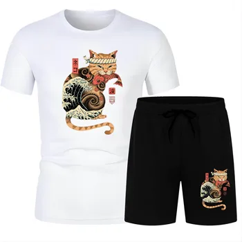 Мода Four Seasons 2D принт кота повседневные спортивные уличные мужские пляжные брюки с коротким рукавом для взрослых, футболка, костюм, быстросохнущий