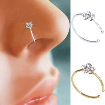 Кольца для носа без пирсинга с цветком циркона для женщин и девочек, простое элегантное кольцо в нос, Толстые серебряные позолоченные модные украшения