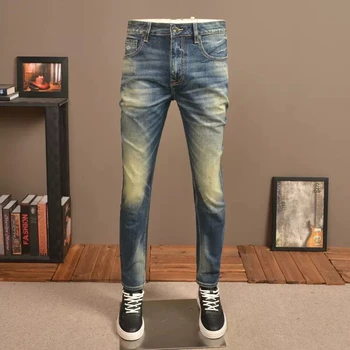 Модные мужские джинсы в Итальянском стиле Высокого Качества, Выстиранные Синие Эластичные облегающие рваные джинсы, мужские Винтажные Дизайнерские брюки Hombre