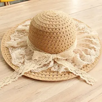 Пляжный женский Складной Солнцезащитный козырек С широкими полями, Кружевная пляжная кепка Сбоку, Соломенные Шляпы, Солнцезащитные шляпы