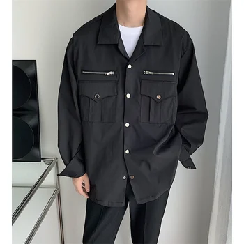 Осенняя Черная рубашка с длинным рукавом, мужская мода, Повседневные рубашки с карманами в стиле Ретро, Мужские Корейские Свободные рубашки Оверсайз, мужские M-XL