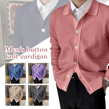 Корейский Мужской вязаный кардиган на пуговицах, Японская мода, Повседневная Свободная рубашка с лацканами, пальто Розового цвета, тонкий свитер с длинным рукавом, куртка