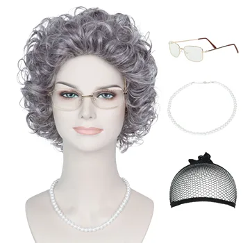 Парик старой леди, Miss U Hair, бабушкин парик для женщин, девочек, бабушкины очки, жемчужное ожерелье, парик для вечеринки в честь 100-летия школы