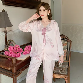 Одежда для сна, Атласная пижама с длинным рукавом, Женская пижама с цветочным принтом, Милая пижама, Домашняя одежда