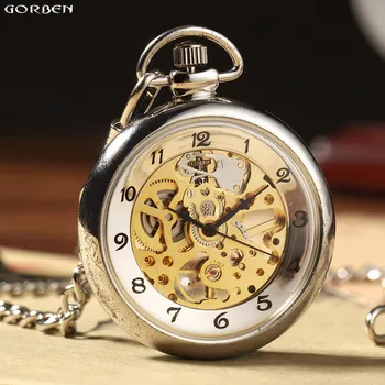Роскошные Механические Мужские карманные часы в стиле Скелет в стиле Стимпанк с цепочкой-брелоком из гладкой стали, Металлические часы с подвеской 