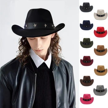 Мужские и женские полушерстяные ковбойские шляпы в западном стиле с широкими полями, солнцезащитные шляпы для вечеринок, дорожные сомбреро, Уличные кепки Классического ретро Регулируемого размера