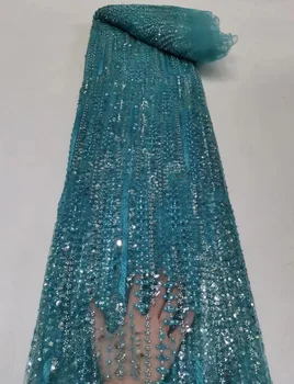 Голубые Французские Блестки Свадебная Тюлевая Кружевная Ткань 2022 Высокого Качества Африканские Нигерийские Бусины Сетчатая ткань Для вечернего платья