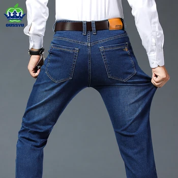Осенне-Зимние Хлопчатобумажные джинсы, Мужские Классические Прямые деловые джинсовые брюки, Брендовые Стрейчевые узкие брюки для мужчин, большие размеры 35, 40, 42, 44, 46